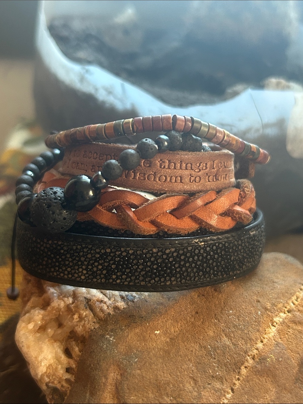 Natures bracelet stack genuine leather and silver clasps and stone, w/ necklaces